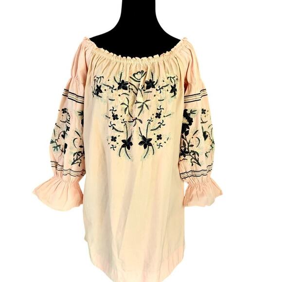 Free People Peach Cotton Fleur Du Jour Floral Embroidered Boho Mini Dress Medium - Picture 2 of 8